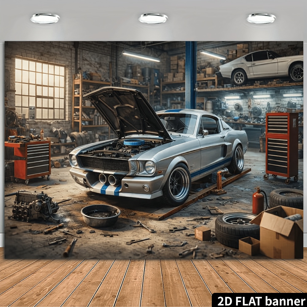 Auto Repair Shop Background - 2D-футляр с изображением ретро-автомастерской и серебристого